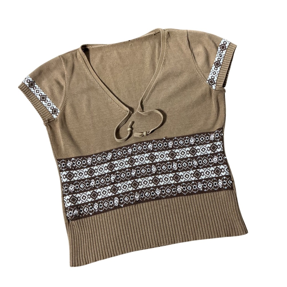 Indie Y2K Boho Knit Short Sleeve Sweater Women Tan Brown Fair Isle Beaded Tie